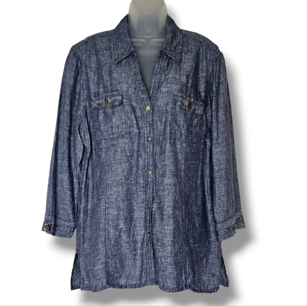 JM Collection 100% Linen Button Down Shirt Womens‎ Size 14 Blue Silver Accent